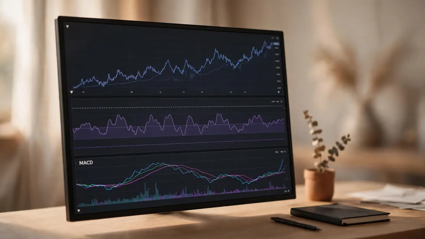 Monitor con indicadores técnicos RSI y MACD bajo un gráfico de precios, vista abstracta sin texto legible