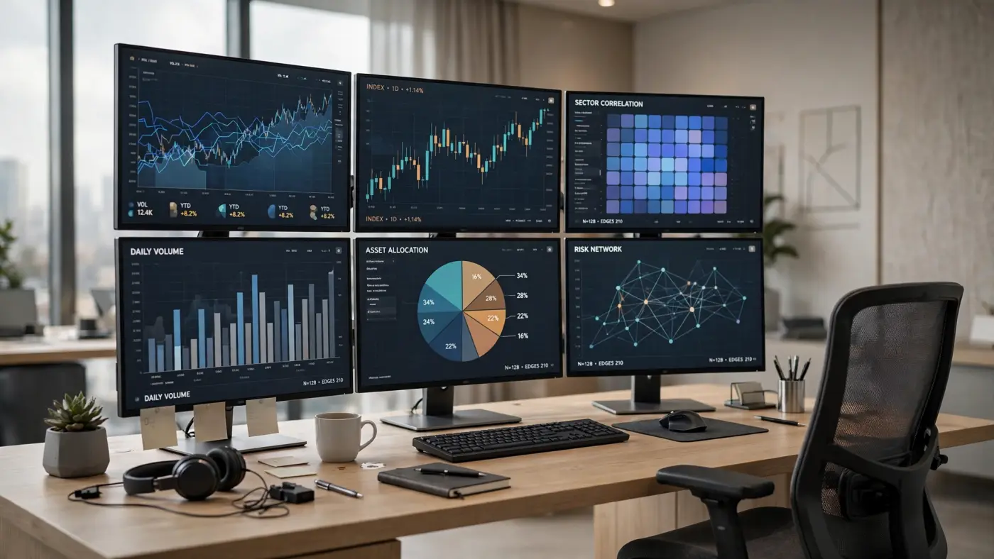 Estación de trabajo con múltiples monitores mostrando gráficos de mercado, silla vacía