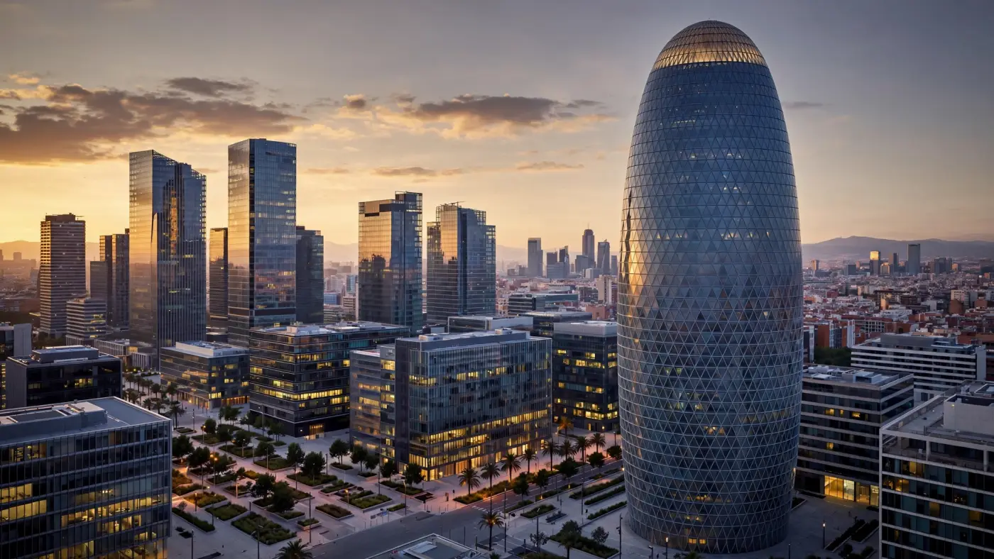 Distrito financiero moderno de Barcelona con torres de cristal y la Torre Glòries al atardecer