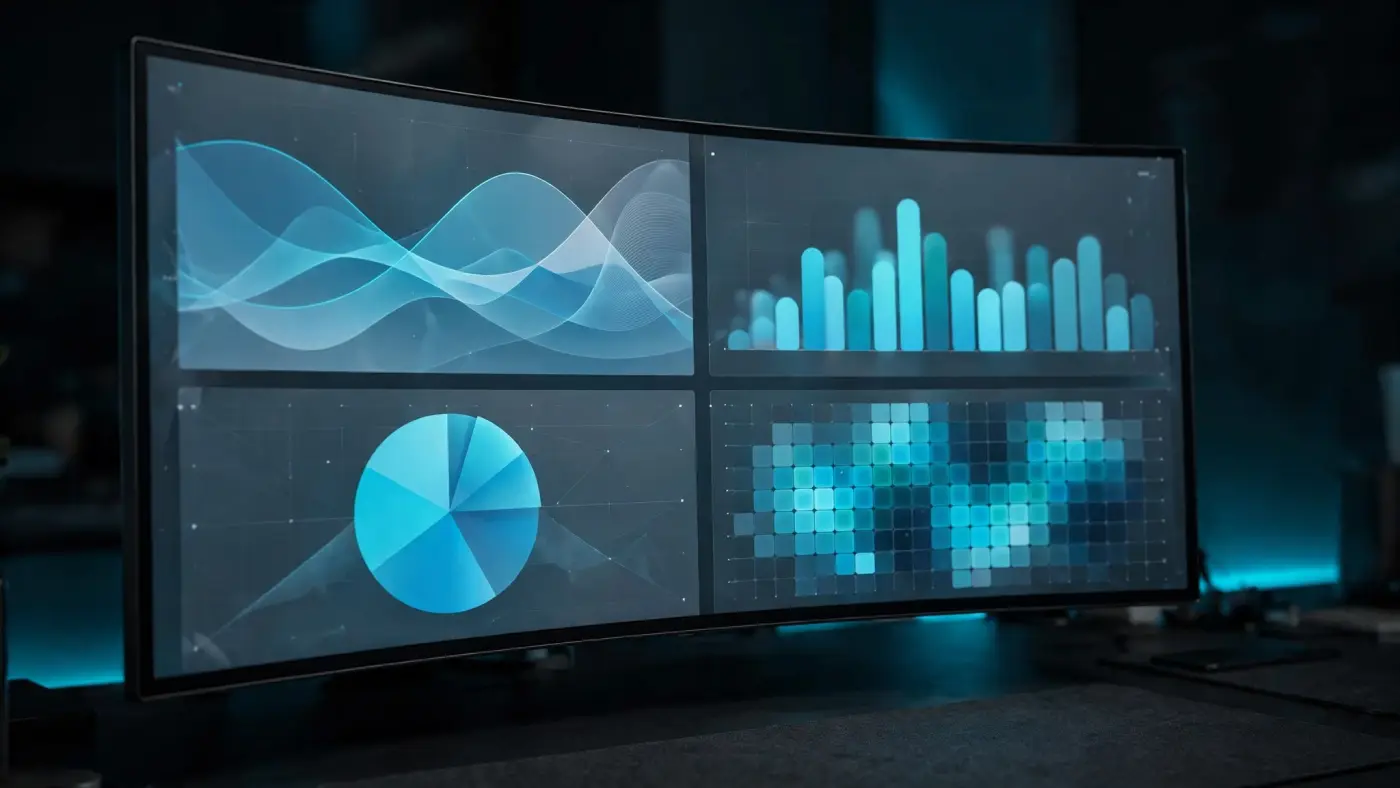 Panel de control con múltiples gráficos en un monitor ultrapanorámico en una sala oscura con luz cian