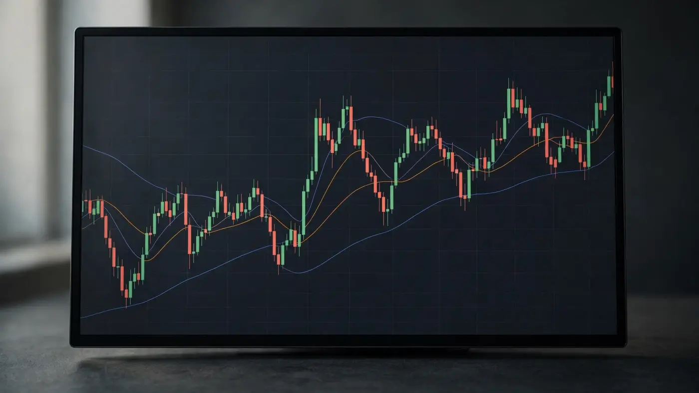 Terminal profesional de gráficos en un monitor panorámico con tema oscuro y velas japonesas con medias móviles